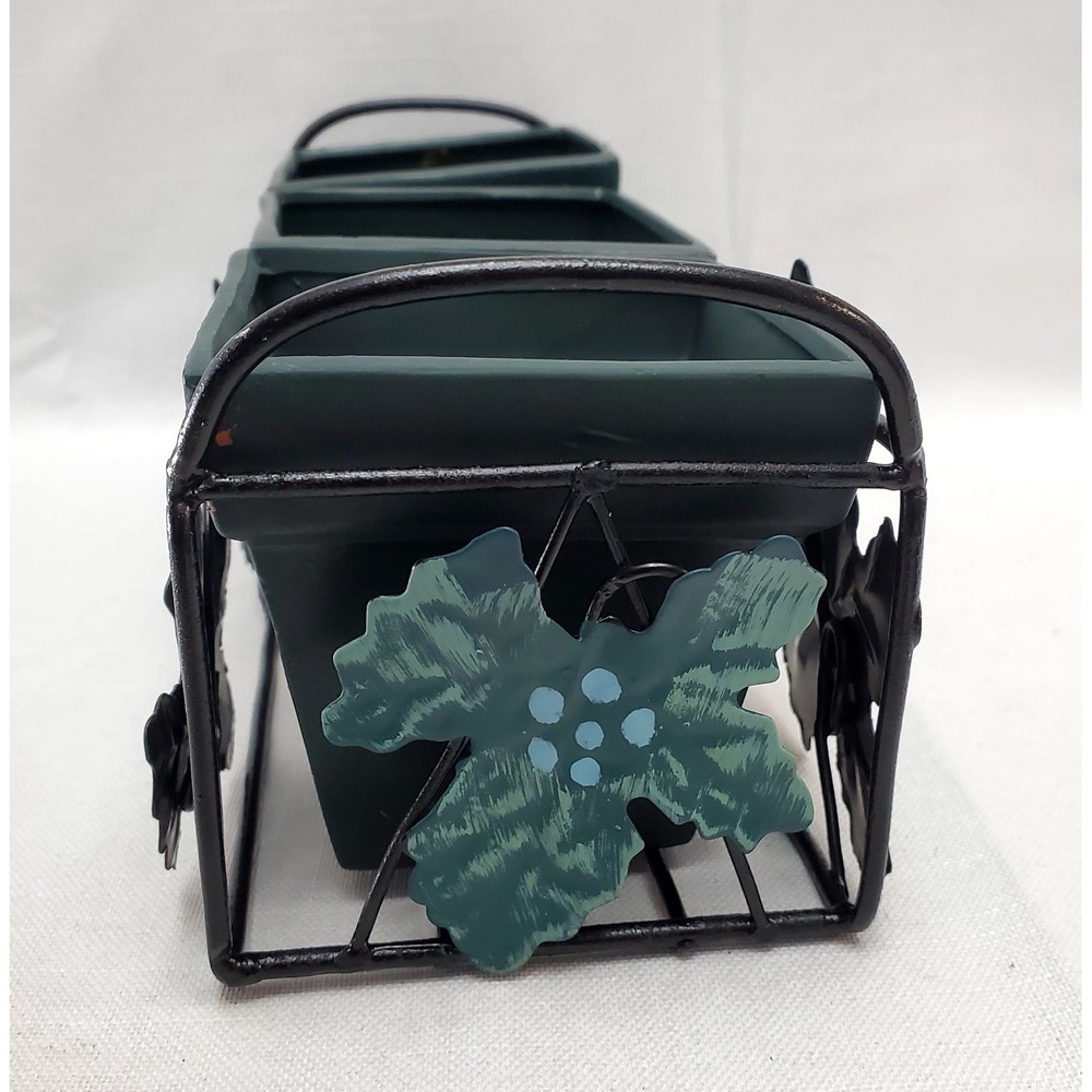 Vintage Square 3 Green Clay Pots With Metal Ivy‎ Leaves Planter Rack 11" x 4" - Picture 4 of 9